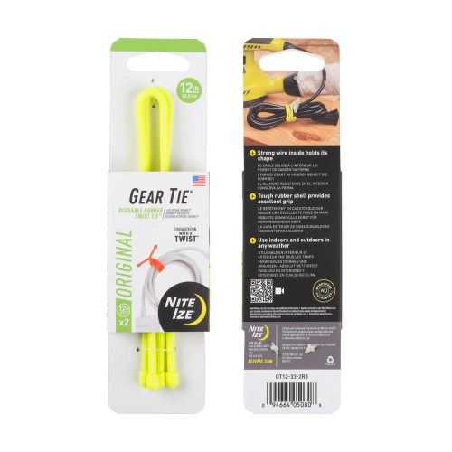 Nite Ize - Gear Tie 12" Original Twist Tie - Two-Pack - Neon Yellow - GT12-33-2R3