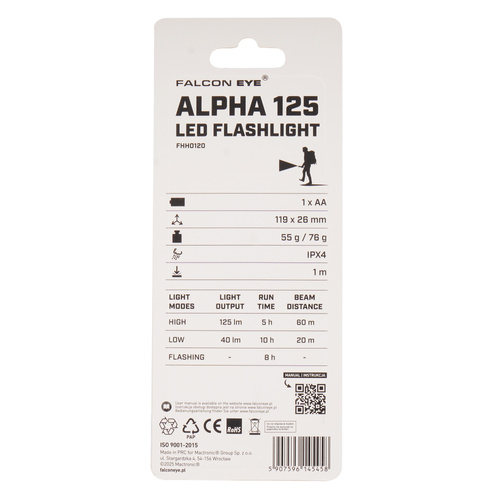 Falcon Eye - Handheld Flashlight Alpha 125 - Strobe - Focus - 125 lm - Black - FHH0120