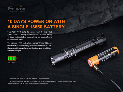 Fenix - Tactical LED Flashlight Rechargeable - 1700 Lumens - 2600 mAh - Black - PD35 V3.0