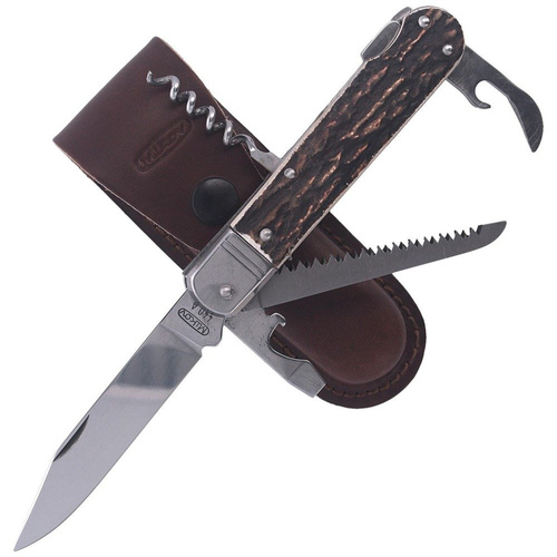 Mikov s.r.o. - Hunting Knife Mikov Fixir Imit. Dear Stag - 5 blades - Leather Holster - Brown - 232-XH-5V KP