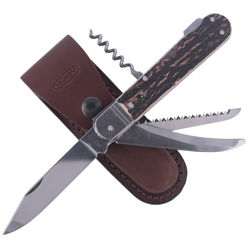 Mikov s.r.o. - Hunting Knife Mikov Fixir Imit. Dear Stag - 4 Blades - Leather Holster - Brown - 232-XH-4V KP