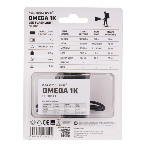Falcon Eye - Handheld Flashlight Omega 1K - Strobe - 1000 lm - Black - FHH0141