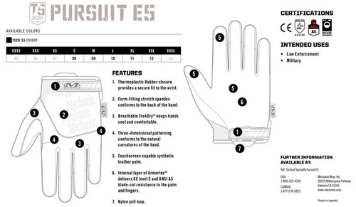 Mechanix - Pursuit E5 Covert Cut Resistant Gloves - Black - TSCR-55