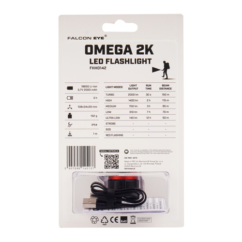 Falcon Eye - Handheld Flashlight Omega 2K - Strobe - 2000 lm - Black/Red - FHH0142