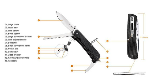 Ruike - Multifunction Pocket Knife - 13 Tools - Black - LD32-B