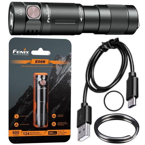 Fenix - Rechargeable LED Keychain Flashlight E09R - 600 lumens - Black - 039-485