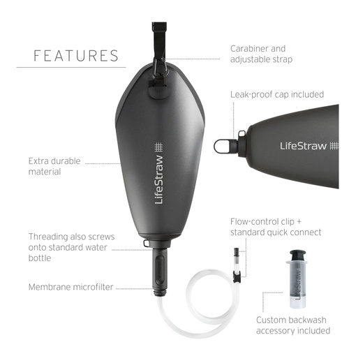 LifeStraw - Peak Gravity Bag with Antimicrobial Filter - 3 L - Dark Mountain Gray
