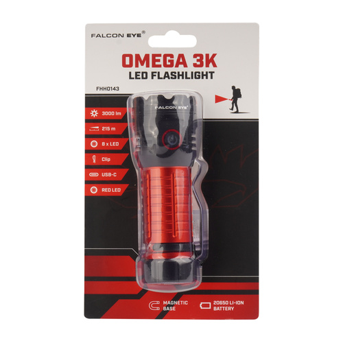 Falcon Eye - Handheld Flashlight Omega 3K - Strobe - 3000 lm - Black/Red - FHH0143