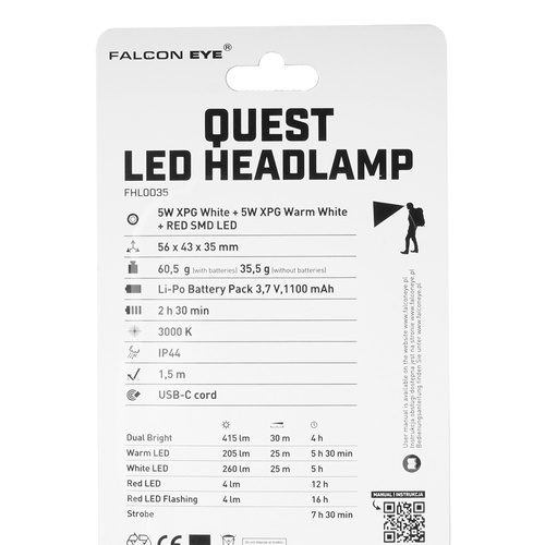 Falcon Eye - Headlamp Flashlight Quest - 415lm - USB-C - Rechargeable - Dual Power System - Gray - FHL0035