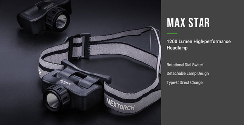 NEXTorch - Max Star LED Rechargeable Headlamp - 1200 lm - Black - MAX STAR
