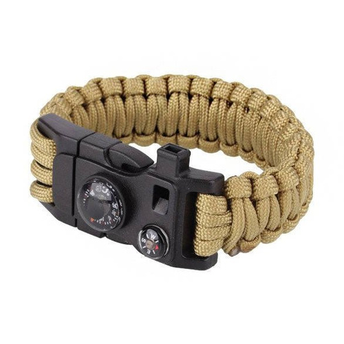101 Inc. - Paracord survival bracelet with compass, thermometer, whistle and firestarter - 9" - Coyote - JYFPB02